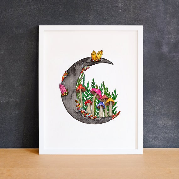 Mushroom Moon Art Print Fungi Art Mushroom Art Mushroom Illustration Fungi Illustration