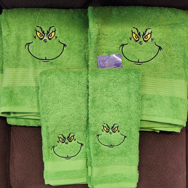 Lime Green Embroidered Bathroom Towels- Green Monster Towels Sets or Individuals