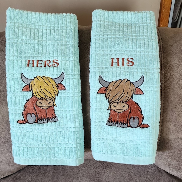 Highland Cow Set of 2 Embroidered Kitchen Towels- Mint Green Embroidered Cow Towels Set