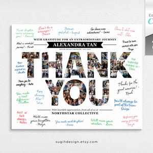 Könnte beinhalten: Ein rechteckiges Abschieds-Collage-Poster mit dem Wort THANK YOU, das aus 44 einzelnen Fotofeldern besteht. Das Design enthält den Text ALEXANDRA TAN, SENIOR PROJECT MANAGER und WITH GRATITUDE FOR AN EXTRAORDINARY JOURNEY, umgeben von handschriftlichen Nachrichten.
