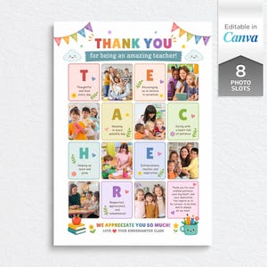 以下が含まれることがあります： カラフルなボックスで「TEACHER」という文字が綴られた、教師への感謝を伝える印刷可能なポスター。各ボックスには写真スロットと説明文があり、旗のガーランド、本、リンゴ、ペン立てのイラストが描かれています。
