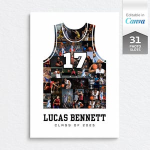 May include: A basketball jersey-shaped photo collage template featuring 31 photo slots, the number 17 in white, and the text LUCAS BENNETT CLASS OF 2025. The design includes a tag stating Editable in Canva and 31 PHOTO SLOTS on a white background.
