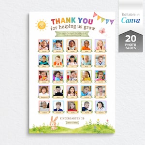 以下が含まれることがあります： THANK YOU for helping us growというテキスト、生徒用の20個のフォトスロット、太陽、蝶、ウサギのイラストが描かれた印刷可能なポスターテンプレート。デザインにはカラフルな旗と下部に緑の草地が含まれています。