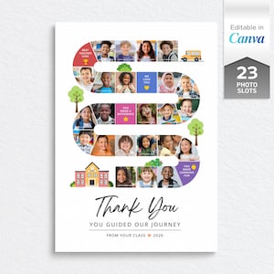 Puede incluir: Un póster rectangular con un camino sinuoso de 23 espacios para fotos dispuestos en forma de serpiente. El diseño incluye iconos coloridos de una escuela, árboles y un autobús, con el texto Thank You, YOU GUIDED OUR JOURNEY, FROM YOUR CLASS 2026.
