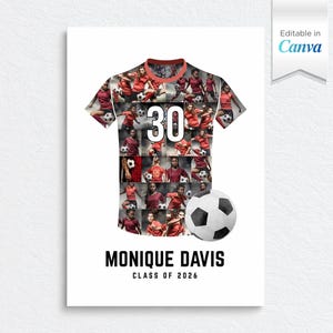 Könnte beinhalten: Ein Fußball-Design mit einem Trikot mit der Nummer 30, gefüllt mit Fotos von Spielern. Ein Fußball befindet sich neben dem Trikot. Der Name "MONIQUE DAVIS" und "CLASS OF 2026" sind darunter gedruckt.