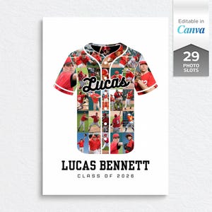Könnte beinhalten: Eine digitale Collage-Vorlage in Form eines Baseballtrikots mit 29 Fotoplätzen, dem Namen Lucas in Schreibschrift und dem Text LUCAS BENNETT CLASS OF 2026. Das Design ist in Rot und Weiß gehalten und kann in Canva für Sportfotos bearbeitet werden.
