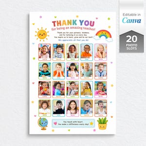 以下が含まれることがあります： THANK YOU for being an amazing teacher!というテキストと20枚の写真を配置できるグリッドを備えた、教師への感謝を伝える印刷可能なポスター。太陽、虹、地球儀、鉢植えのカラフルなイラストがデザインされています。