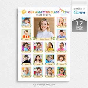 Może przedstawiać: Szablon do druku kolażu zdjęć klasowych zatytułowany Our Amazing Class Class of 2026 z dużą centralną ramką na zdjęcie nauczyciela i szesnastoma mniejszymi ramkami na zdjęcia uczniów, ozdobiony słońcem, chmurami i kolorowymi chorągiewkami.