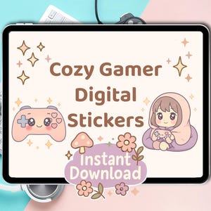 Puede incluir: Pegatinas digitales con temática de jugador acogedor. La imagen presenta una tableta con el texto "Cozy Gamer Digital Stickers" e ilustraciones de un mando de juego, una seta, flores y un personaje sosteniendo un mando. También se muestra "Instant Download".