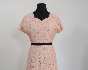 1950s pink floral lace pin up rockabilly day dress / Size L XL