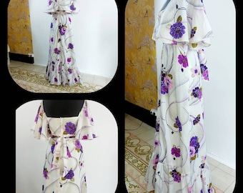 1970s vintage white floral maxi formal dress Size S M