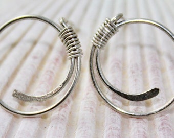 Wrapped Paddle Silver Hoop Stud Earrings