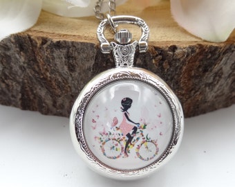 Collier sautoir montre gousset/montre gousset/montre/collier fantaisie/montre quartz/pendentif montre/montre de poche/cadeau femme