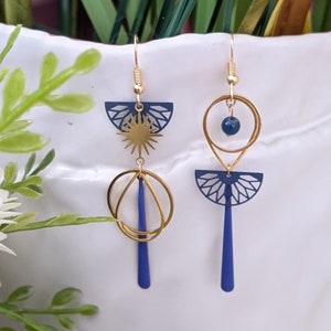 Asymmetrical blue and gold earrings - women&#39;s gift