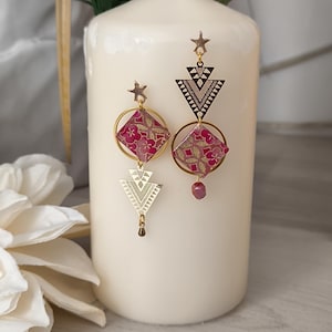 Burgundy and gold asymmetrical earrings - boho chic jewelry