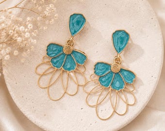 Turquoise enamel flower earrings – gold drop earrings – boho chic style – gift for women