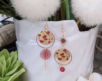 Asymmetrical gold earrings, poppy pendant - women's gift
