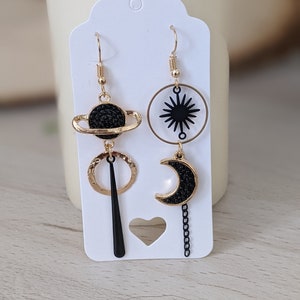 Black asymmetrical moon and sun earrings - gift idea for women