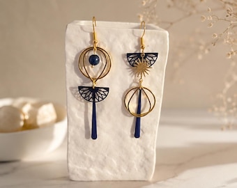 Blue and gold asymmetrical earrings - gift for women