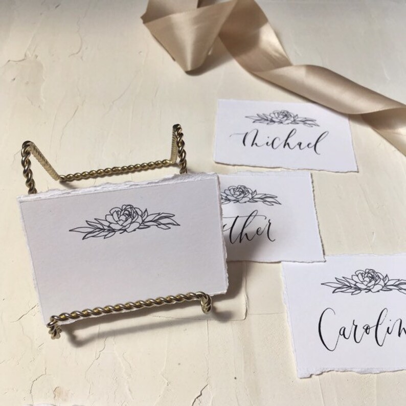 Handwritten custom modern calligraphy placecard with peony flower illustration and hand torn deckled edges wedding escort name place cards