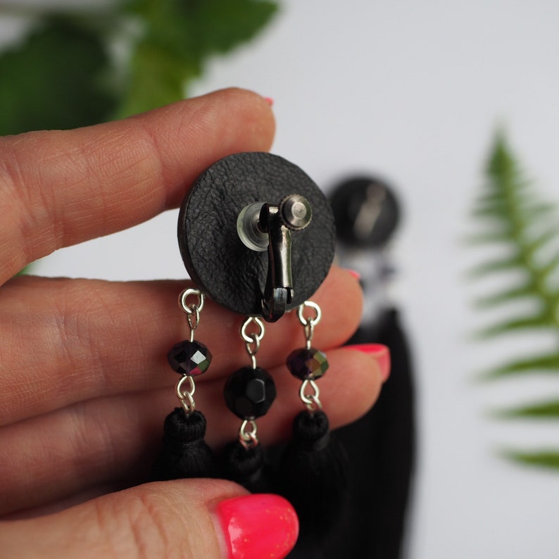 Black triple tassel earrings with graphite color fantasy Etsy