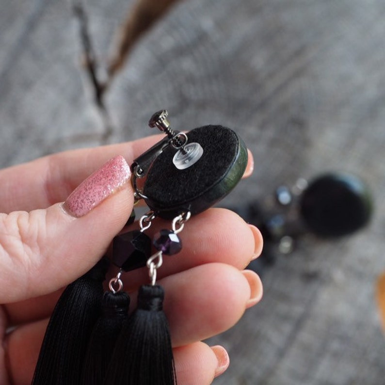 Black triple tassel earrings with graphite color fantasy Etsy