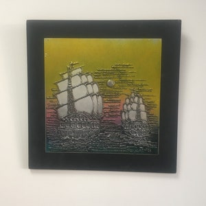 Large Sweden Wall Art Ships in pewter on metal plaque.Wall decor.1990&#39;s