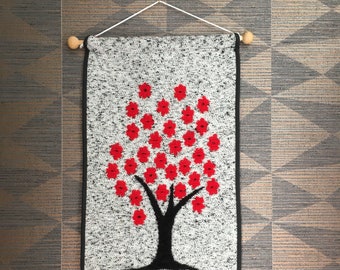 Finnish wall hanging wool woven tapestry Hanhisalon Kutomo Ky Finnish vintage weaving  Flower tree. print .