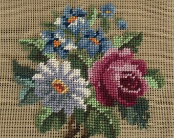 Vintage Sweden floral needlepoint,wool hand embroidered tapestry on canvas.home decor.1980's