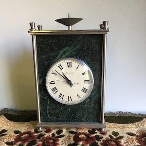 Vintage green stone  Soviet Fireplace ,Table Clock with candle holder.  Molnia Mechanical desk clock, jade.Home decor.1970's