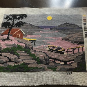 Vintage Danish Needlepoint landscape &quot;Evening by the river&quot;.Home decor.1980&#39;s