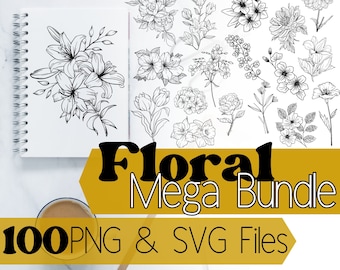 May include: A digital download of 100 black and white floral illustrations. The illustrations are in a simple line art style and feature a variety of flowers, including lilies, roses, and daisies. The text "Floral Mega Bundle 100 PNG & SVG Files" is displayed on a yellow background.
