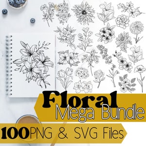 100 Mega pacote floral SVG PNG - lindo design de flores na moda, flor selvagem SVG, buquê minimalista, flor de nascimento, esboço botânico