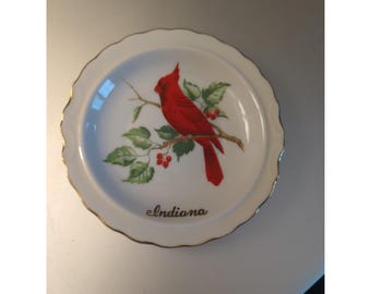 Cenicero/platillo de baratijas vintage con forma de cardenal rojo, recuerdo del estado de Indiana de Lefton