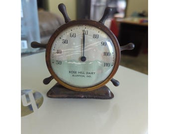 Antieke reclameschip stuurwielthermometer Bluffton Indiana Dairy