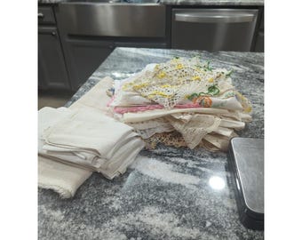 Vintage LOT 38 Crocheted Doilies Table Runners Napkins Embroidered Crafts Sewing