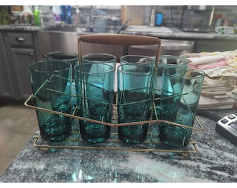 8 verres vintage Mid-Century modernes bleu sarcelle en laiton de style atomique Carrier