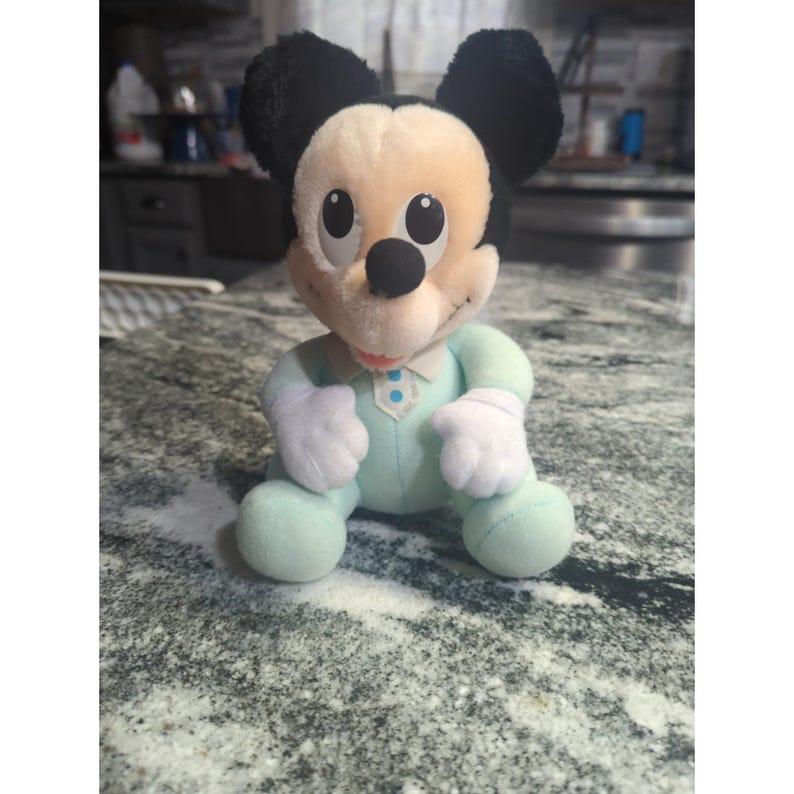 Peluche de Mickey Mouse, pijama verde azulado, Disney Babies, 1984, 23 cm imagen 1