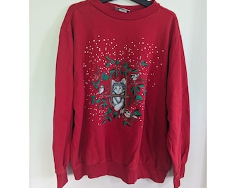 Vintage Blair Christmas Kitty Cat & Birds Red Sweatshirt XL Y2K Granny Core