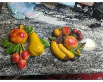 2 Vintage Kitschy Chalkware Fruit - Banana Peach Plum Cherry - Wall Plaques