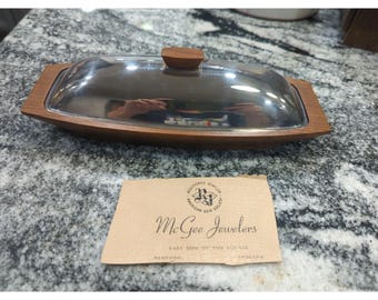 Mantequera vintage de plata y madera de teca de Gorham, estilo moderno de mediados de siglo.