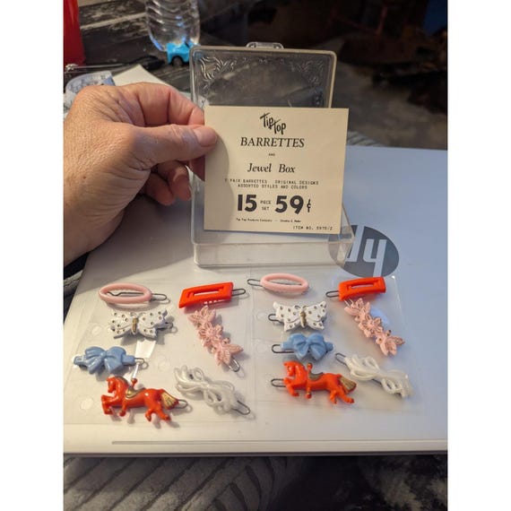 Vintage Children's TipTop Barrettes w/ Original Jewel Case & Advertising NOS