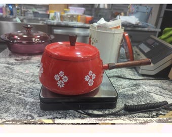 Vintage Red Enamel Wood Handle Fondue Pot MCM Flower Power