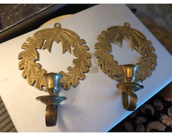 2 Vintage Solid Brass Wreath Candle Sconces Hand Tooled Christmas Hosley