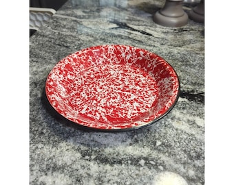Assiette à tarte/poêle à tarte/poêle en émail 10 pouces VTG rouge sur émail blanc