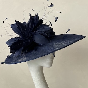 Navy Blue Wedding Hat Feather Trim Mother of the Bride Blue Ascot Hat Kentucky Derby Occasion Hat Church Hat