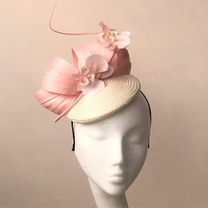 Pink and White Fascinator Wedding Fascinator Floral Pale Pink Abaca PillBox Ivory Ascot Hat Headpiece Melbourne Cup Races Ladies Day Derby