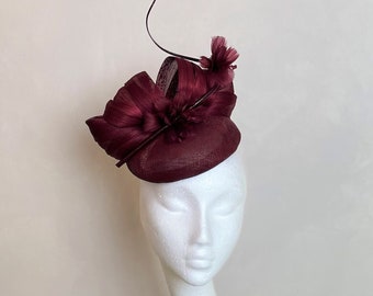 Burgundy Fascinator Kentucky Derby Hat Silk Headpiece Dark Red Wedding Hat Wine Races Hat Claret Melbourne Cup Ascot Hat Guest Hat