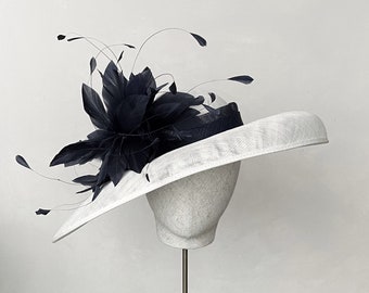 Black and White Wedding Hat Feather Trim Mother of the Bride Hat White Black and Ivory Ascot Hat Kentucky Derby Occasion Hat Church Hat