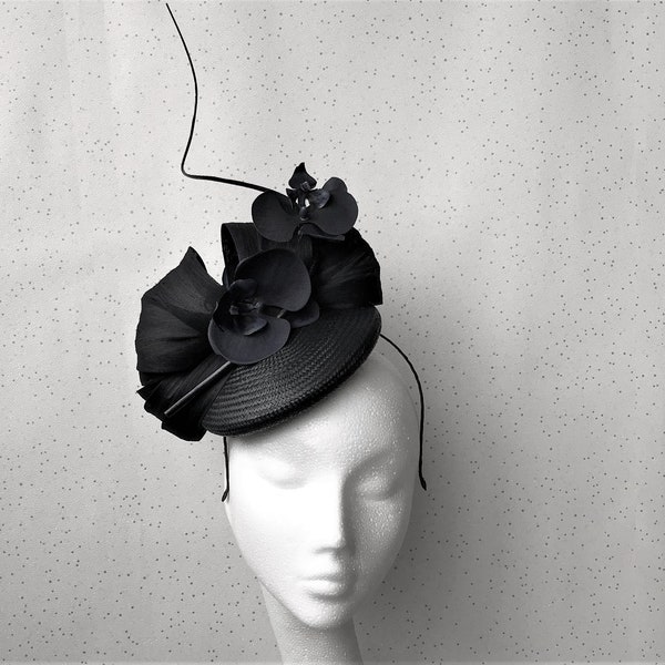 Black Fascinator Wedding Fascinator Floral Black PillBox Ascot Hat Hatinator Headpiece Goodwood Races Ladies Day Winter Wedding Guest